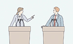 Ilustração mostrando dois políticos jovens, uma mulher e um homem, discutindo na tribuna.
