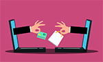 Ilustração mostrando dois notebooks um de frente para o outro. Do notebook à esquerda está saindo da tela uma mão segurando um cartão de crédito e do notebook à direita está saindo da tela uma mão segurando uma sacola de compras.
