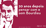 Uma arte em fundo vinho, a foto de Pierre Bourdieu, um homem de meia idade, caucasiano, cabelo escuro e curto. A foto tem um efeito nas cores vinho e branco. Texto ao lado em cores brancas: 20 anos depois: pensar com e sem Bourdieu. Abaixo o texto "Arte: Comunicação e Mídia FEUSP" e os logos da FEUSP e da USP.