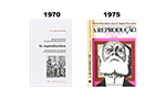 Fundo branco. Capa de dois livros de Pierre Bourdieu e Jean-Claude Passeron dispostos um ao lado do outro com os anos 1970 e 1975 acima. O primeiro "La reproduction", uma capa branca com textos em preto alinhados ao lado direito, uma imagem em preto e branco. O segundo "A reprodução", nome dos autores e do livro na parte de cima, uma arte com fundo retangular nas cores rosa e vermelha na parte de trás e uma ilustração de homem idoso em preto e branco na frente.