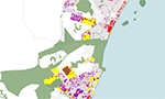 Mapa com marcações nas cores marrom, amarelo, roxo e vermelho.