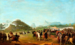 Revista das tropas brasileiras destinadas a combater os rebeldes em Montevidéu. Óleo sobre papel colado sobre tela (41,6 x 62,95 cm) de Jean-Baptiste Debret. Domínio público, Pinacoteca de São Paulo