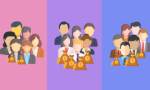 Montagem com três quadros contendo pessoas e sacos de dinheiro para representar o quanto elas ganham