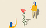 Ilustração vetorizada. Fundo em tom bege bem claro. Duas figuras humanas, uma de costas e outra de frente, elas estão com o braço erguido como se estivessem se cumprimentando. As duas estão dispostas vericalmente na imagem e têm a mesma aparência: cabelo azul, pele rosa, blusa de manga comprida amarela e calça bege. No centro uma flor vermelha que tem a altura das pessoas e folhas verdes no caule.
