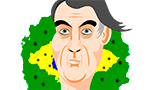 Ilustração vetorizada de Jair Bolsonaro. Atrás dele a bandeira do Brasil distorcida. Sobre a bandeira, pequenos círculos pretos representando o corona vírus. Fundo branco sólido.
