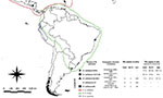 Mapa em preto e branco da América do Sul, Caribe e sul do México. Uma linha verde ao redor do Brasil, englobando os países ao norte da América do Sul, parte dos países ao oeste, Paraguai, Uruguai e um pedaço da Argentina. Uma linha vermelha ao redor dos países caribenhos e o sul do México. Escala e legenda indicando as espécies de moscas e algumas cidades importantes para o estudo.