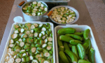 Bananas e folhas de ora-pro-nóbis durante as etapas do processamento para higienização, corte e imersão em ácidos orgânicos para o controle do escurecimento enzimático.
