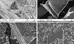Quatro imagens microscópicas da biotita, um mineral. Nas quatro imagens, algo que parece ser uma placa de vidro quebrado em diferentes ângulos.