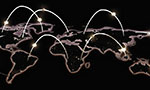 Composição: mapa do mundo totalmente preto e com linhas amarelas esfumadas. Sobre o mapa, arcos amarelos e brilhantes ligando países.