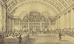 Foto de um desenho em preto e branco em uma folha amarelada pelo tempo. É um salão com teto arqueado com muitos homens atrás de um cercado. No centro, uma mesa com poucos homens sentados. As paredes tem detalhes ornamentais e passagens com arcos.