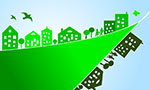 Figura vetorial em tons de verde. Um triângulo com a base no canto esquerdo. Nos dois lados, pequenas casas, árvores, pessoas e pássaros. Fundo azul gradiente.
