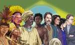 Bandeira do Brasil com pessoas de diferentes etnias (indígenas, negros, pardos, brancos e asiáticos) à frente, representando a diversidade do país.