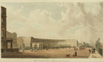 Pintura do Park Crescent, em Londres. À frente do edifício algumas pessoas e animais caminham pela rua. A pintura também mostra algumas casas ao fundo do Park Crescent.