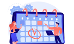 Ilustração de duas pessoas em frente a um calendário. O homem segura um notebook e a mulher tem em mãos uma prancheta.