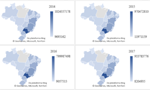 Gráficos de mapa mostrando a distribuição dos recursos do PNAE para os estados brasileiros entre os anos de 2014-2020.
