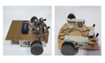 Fotomontagem com duas imagens lado a lado de dois Veículos Guiados Automatizados (AGVs).