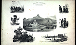 Fotomontagem com sete imagens em preto e branco da época da colonização, retratando a paisagem e a sociedade escravocrata daquele período.