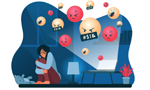 Ilustração de uma jovem abraçada às pernas, sentada em um canto de um quarto escuro, iluminado apenas pelo feixe de luz de um notebook sobre uma mesa. Emojis de riso, raiva e xingamento emergem da luz emitida pela tela. A expressão da garota diante do notebook é de medo e apreensão. A ilustração faz alusão à temática dos discursos de ódio na internet.