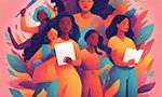 Ilustração de diversas mulheres negras segurando livros, cercadas por folhas coloridas e formas abstratas sobre um fundo rosa.