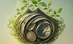 Ilustração gerada por inteligência artificial mostrando uma árvore crescendo em um solo desértico. A base da árvore tem um pouco de grama bem verde. Sua copa cresce em formato circular, com formas abstratas embutidas em seu tronco, que se assemelham a vidro e latas de metal. No topo, há folhas verdes exuberantes. O fundo é um gradiente de cores pastel.