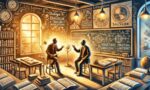 Representação artística de um diálogo entre ideias inspiradas em Bakhtin e Saussure, gerada por inteligência artificial
