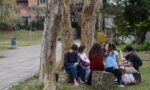 Fotografia de jovens adultos, sentados em rosa, em troncos cortados de árvore em um gramado.