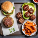 Imagem gerada por inteligência artificial de uma mesa com um lanche de hamburger, algumas carnes de hamburger, cenouras e folhas de alface