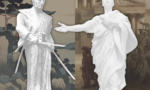 Montagem gráfica com as estátuas de Miyamoto Musashi (localizada no Parque Musashizuka, em Kumamoto, Japão) e Marco Túlio Cícero (Palácio da Justiça, em Roma, Itália).