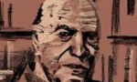 Ilustração de Stanley Cavell. A ilustração tem um fundo marrom com riscos pretos e o rosto de Cavell em tons de marrom, preto e tons mais rosados