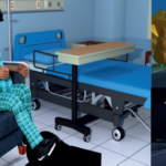 Imagem de um paciente sentado em uma poltrona, utilizando óculos de realidade virtual. Ao lado direito, temos a reprodução do que é visto através dos óculos: a visão em primeira pessoa de uma estrada de manhã e de noite