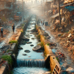 Imagem gerada por inteligência artificial, mostra uma duas ruas com muito lixo e no meio de ambas um rio poluído