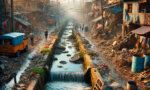 Imagem gerada por inteligência artificial, mostra uma duas ruas com muito lixo e no meio de ambas um rio poluído