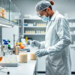 Fotografia de um homem de jaleco, luvas, máscara e touca branca em um laboratório.