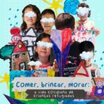 Imagem de uma colagem de crianças com os olhos tampados por nuvens ,com desenhos feitos por crianças e o título "Comer, brincar, morar: a vida cotidiana de crianças refugiadas".
